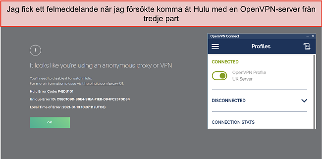 Skärmdump av Hulu VPN-fel, med OpenVPN-appen öppen bredvid den.