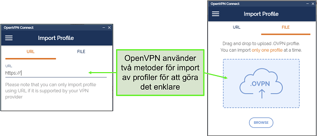 Skärmdump av de två sätten du kan importera serverprofiler till OpenVPN UI.