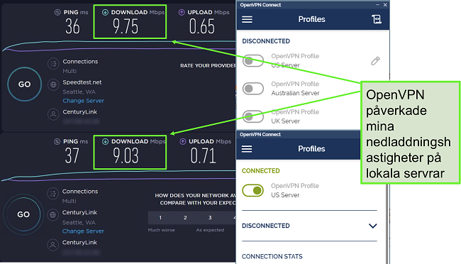 Skärmdump av två hastighetstester med mycket liknande data, båda använder en Seattle-server.