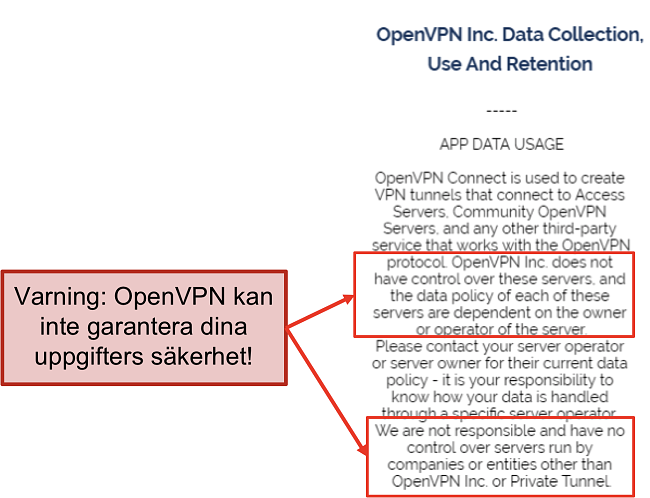 skärmdump av OpenVPNs integritetspolicy.