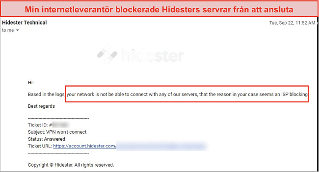 Skärmdump av Hidester blockerad av ISP