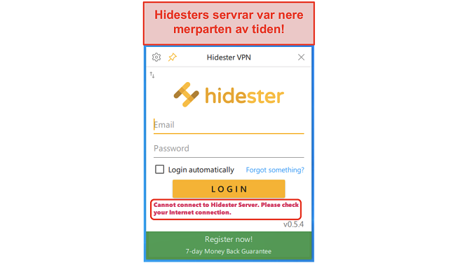 Skärmdump av Hidester kan inte ansluta