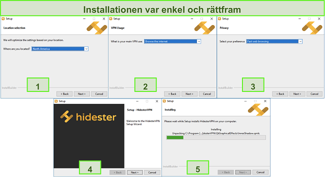 Skärmbilder av Hidesters installationsprocess