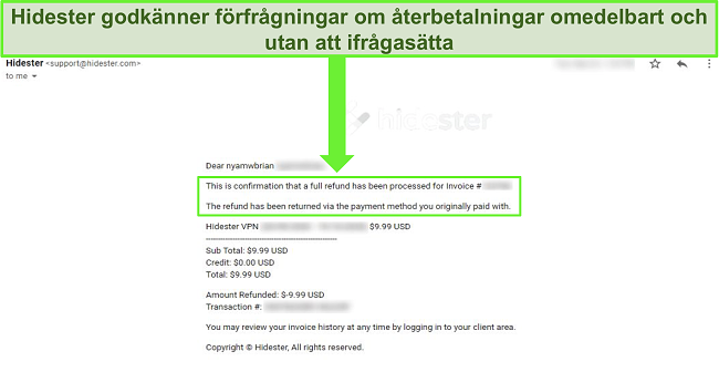 Skärmdump av Hidesters support som godkänner återbetalning