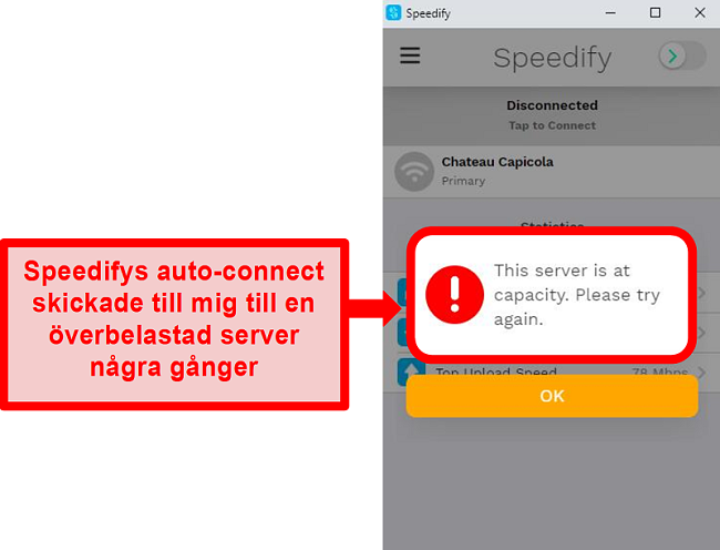 Skärmdump av Speedifys användargränssnitt som visar ett felmeddelande om att en server har kapacitet