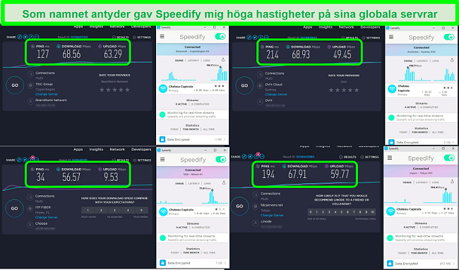 Skärmdump av hastighetstester medan Speedify är ansluten till servrar i Danmark, Australien, USA och Japan