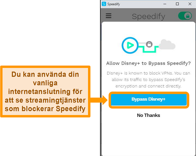 Screenshot of Speedify's user interface showing a bypass option for Disney+