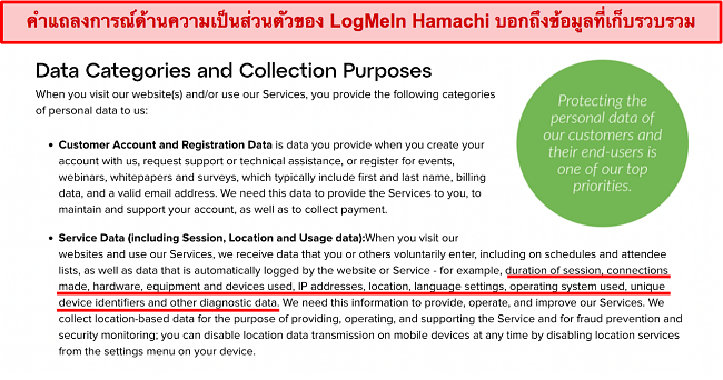 ภาพหน้าจอของนโยบายความเป็นส่วนตัวของ LogMeIn Hamachi