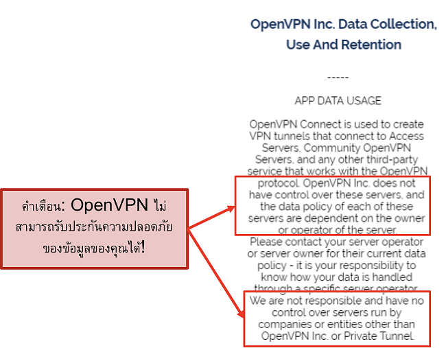 สกรีนช็อตของนโยบายความเป็นส่วนตัวของ OpenVPN