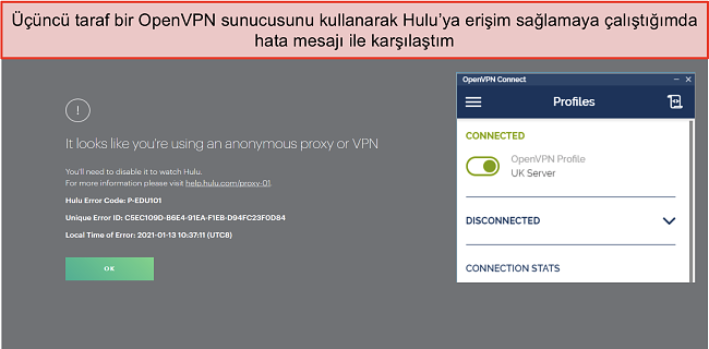 Yanında OpenVPN uygulaması açıkken Hulu VPN hatasının ekran görüntüsü.