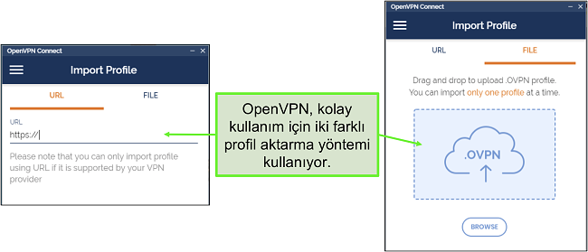 Sunucu profillerini OpenVPN kullanıcı arayüzüne içe aktarmanın iki yolunun ekran görüntüsü.