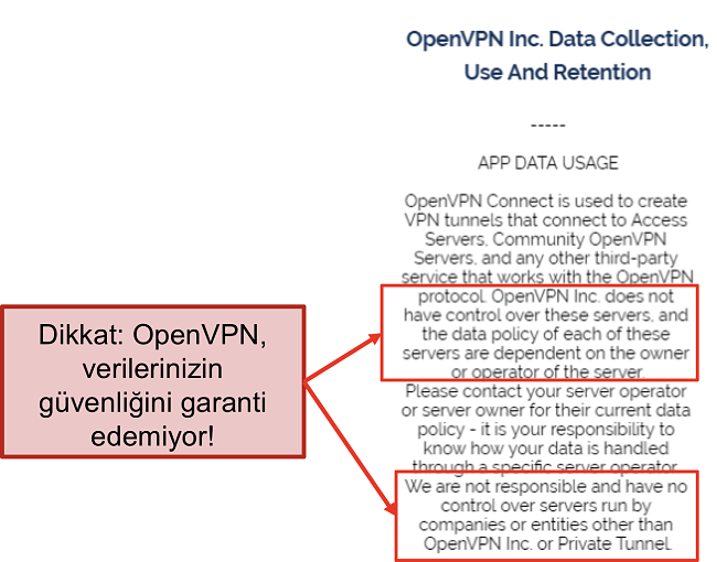 OpenVPN'in gizlilik politikasının ekran görüntüsü.
