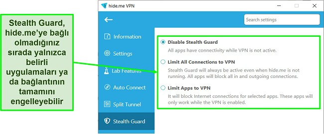 hide.me'nin Windows uygulamasındaki Stealth Guard ayarlarının ekran görüntüsü
