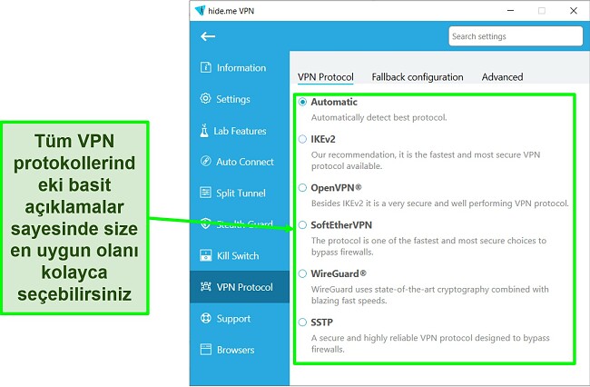 hide.me'nin VPN protokol listesinin ekran görüntüsü