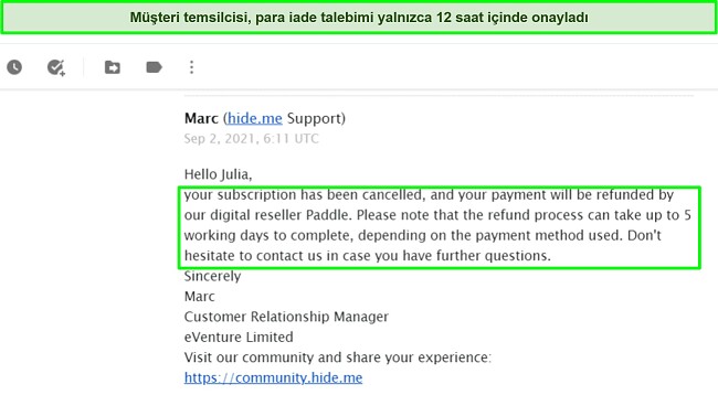 hide.me'den geri ödemeyi onaylayan bir e-postanın ekran görüntüsü