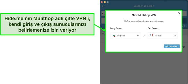 hide.me'nin MacOS uygulamasında Multihop çift VPN bağlantısı oluşturmanın ekran görüntüsü