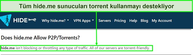 Hide.me'nin VPN'nin torrenti desteklediğini doğrulayan SSS ekran görüntüsü