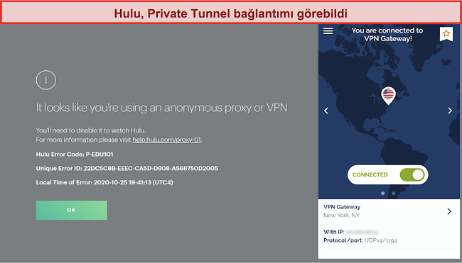 Hulu'nun Private Tunnel VPN bağlantısını engelleyen ekran görüntüsü