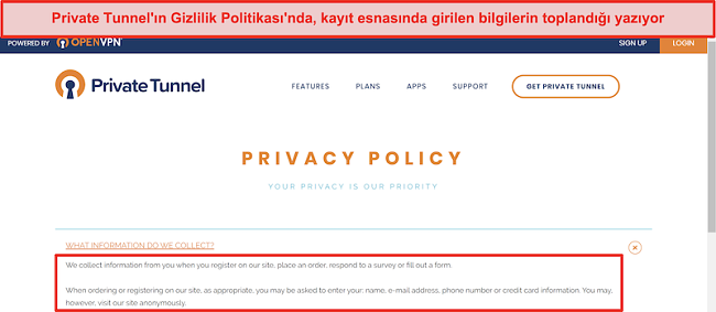 Private Tunnel Gizlilik Politikasının Ekran Görüntüsü
