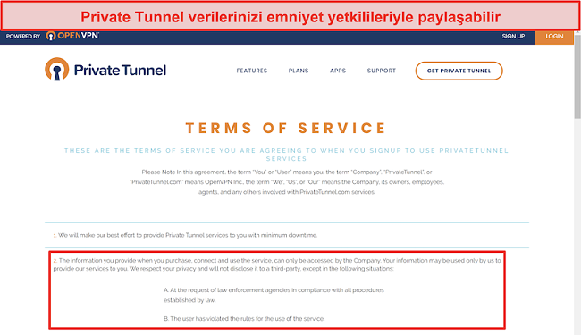 Private Tunnel Hizmet Koşullarının Ekran Görüntüsü