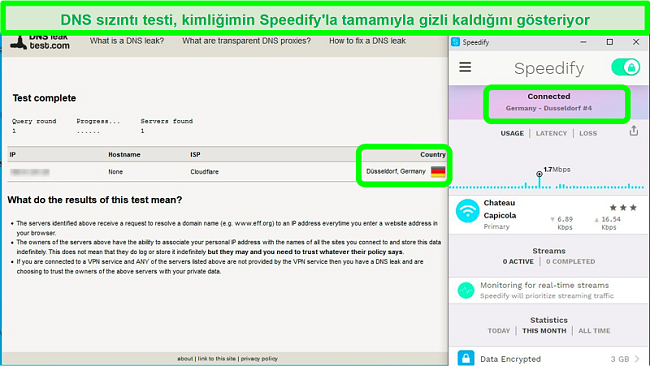 Speedify bir Alman sunucusuna bağlıyken yapılan DNS sızıntı testinin ekran görüntüsü