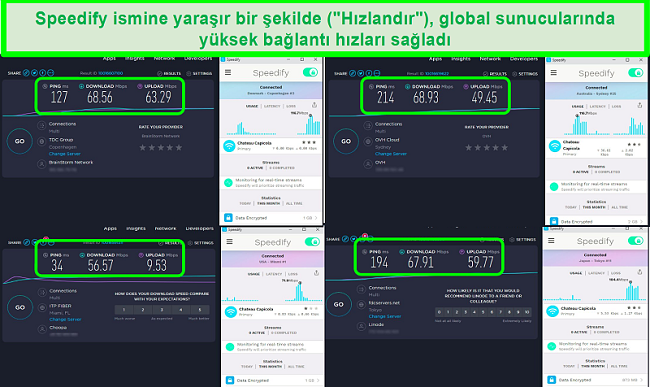 Speedify Danimarka, Avustralya, ABD ve Japonya'daki sunuculara bağlıyken hız testlerinin ekran görüntüsü