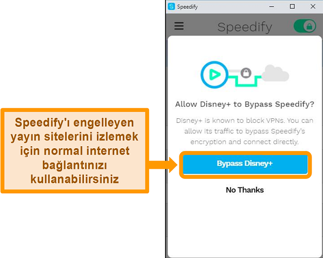 Speedify'ın Disney + için bir baypas seçeneği gösteren kullanıcı arayüzünün ekran görüntüsü