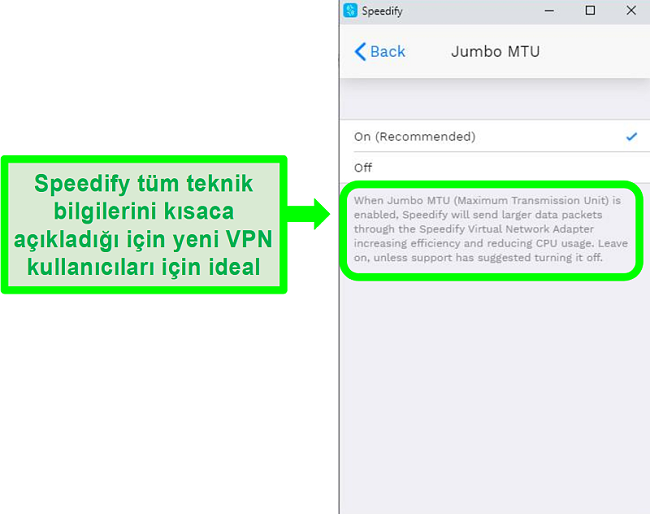 Speedify'ın ayarlarından birinin altındaki açıklamanın ekran görüntüsü