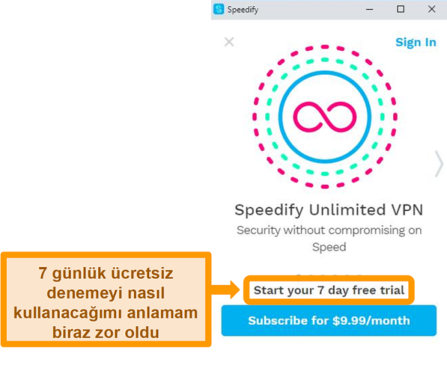 Speedify'ın başlangıç ekranının ekran görüntüsü