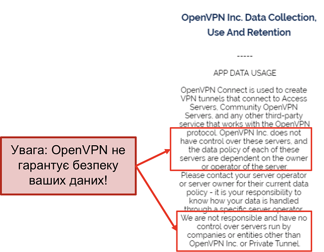 скріншот політики конфіденційності OpenVPN.