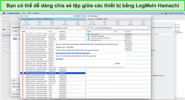 Ảnh chụp màn hình LogMeIn Hamachi đang được sử dụng để chia sẻ tệp giữa các thiết bị Mac và Windows của tôi