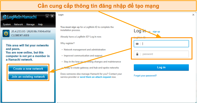 Ảnh chụp màn hình giao diện đăng nhập và tạo mạng của LogMeIn Hamachi