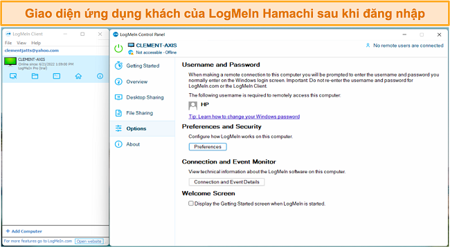 Ảnh chụp màn hình giao diện người dùng của LogMeIn Hamachi