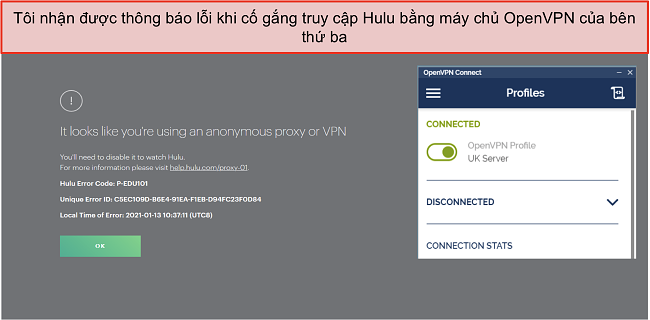 Ảnh chụp màn hình của lỗi Hulu VPN, với ứng dụng OpenVPN đang mở bên cạnh.