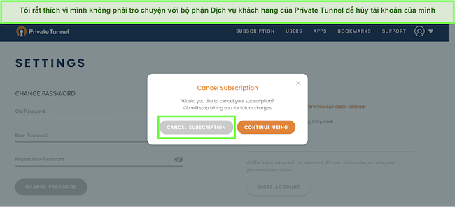 Ảnh chụp màn hình quá trình hủy đăng ký của Private Tunnel.