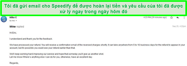 Ảnh chụp màn hình email từ bộ phận hỗ trợ Speedify xử lý yêu cầu hoàn lại tiền