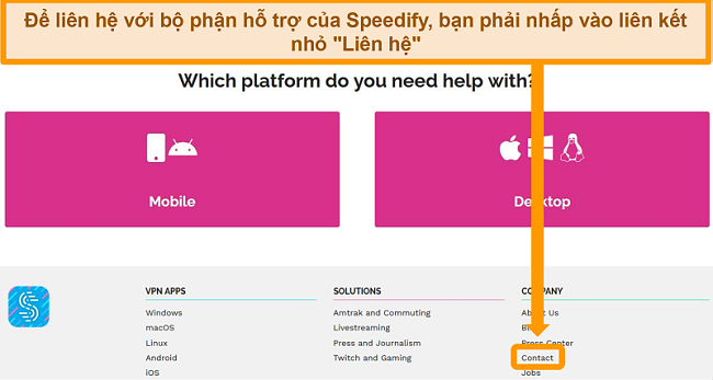 Ảnh chụp màn hình trang hỗ trợ trên trang web của Speedify