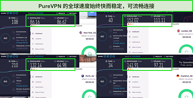 使用 PureVPN 连接到美国、英国、澳大利亚和德国的服务器的 Ookla 速度测试结果的屏幕截图。