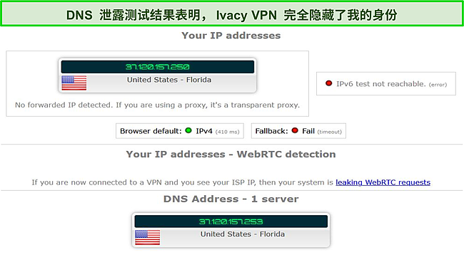 使用 Ivacy VPN 时泄漏测试结果的屏幕截图。