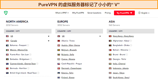 PureVPN 完整服务器列表的屏幕截图显示了表示虚拟服务器的“v”符号。