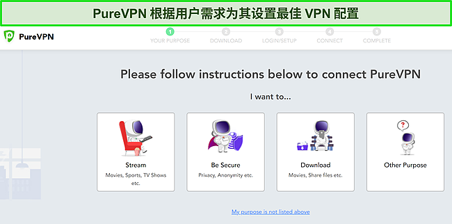 用于不同 VPN 用途的 PureVPN 自定义安装选项的屏幕截图。