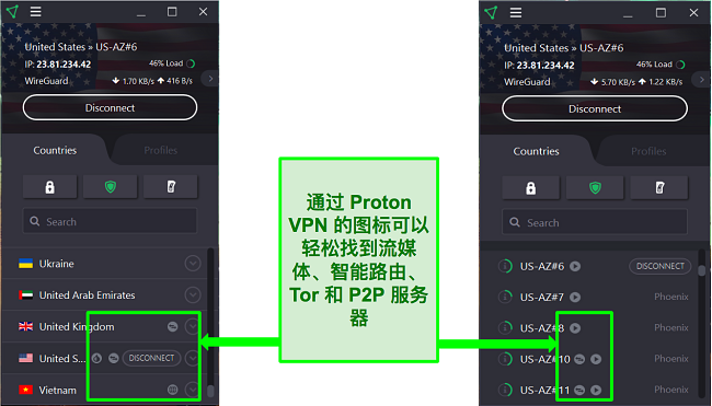 显示某些 Proton VPN 服务器旁边显示的各种图标的屏幕截图