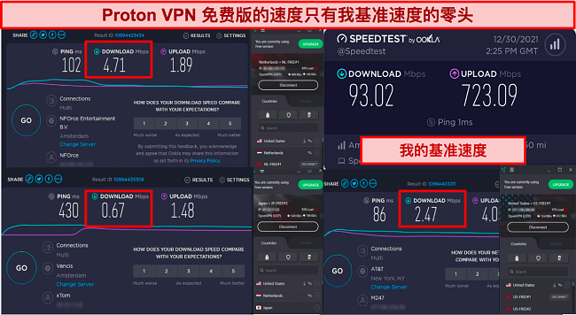 Proton VPN 免费计划速度测试结果截图