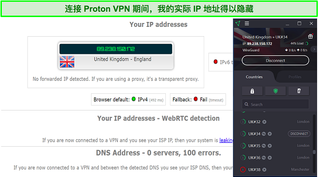 连接 Proton VPN 时我的 IP 泄漏测试结果的屏幕截图