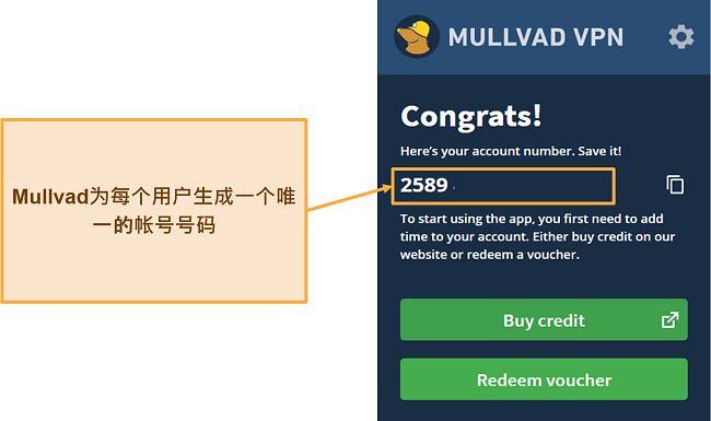 Mulvad VPN 生成的帐号页面的屏幕截图