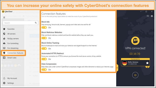 Screenshot of CyberGhost connection features to improve online security