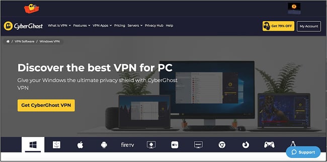 สกรีนช็อตของหน้าต้อนรับผู้จำหน่าย CyberGhost สำหรับบริการ Windows VPN พร้อมข้อมูลผลิตภัณฑ์