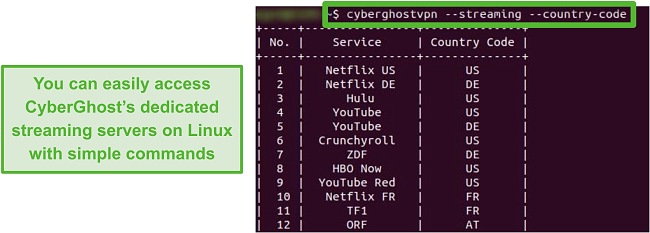 Screenshot of CyberGhost's dedicated streaming servers on Linux.