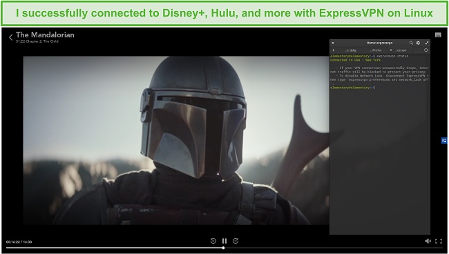 Screenshot of ExpressVPN on Linux unblocking The Mandalorian from Disney+ US.