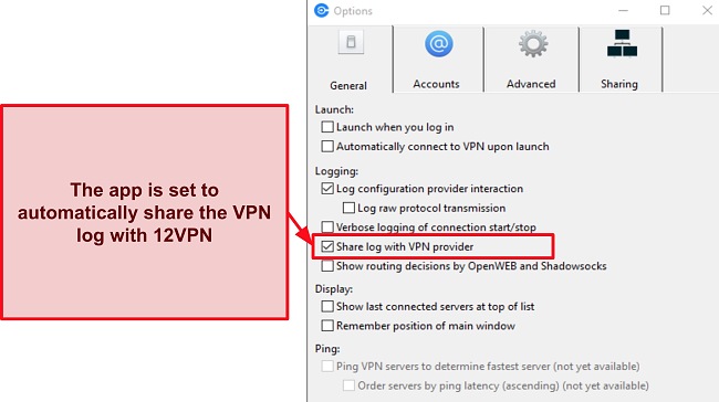 12VPN app automatically collects VPN logs